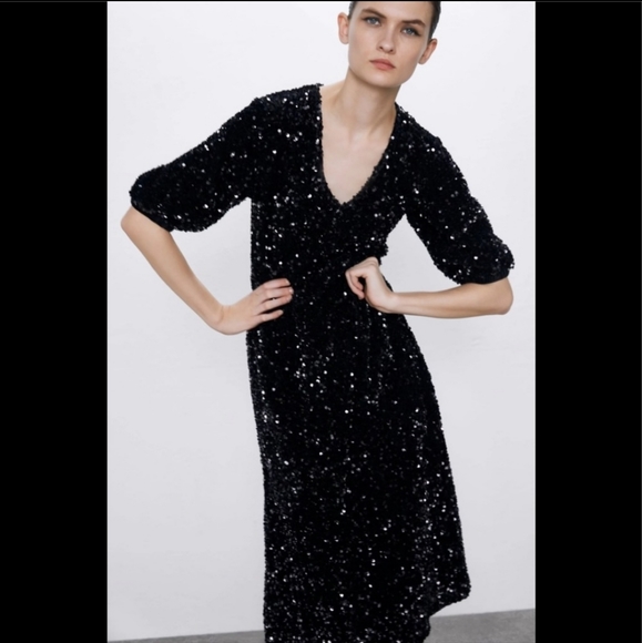 Zara Midi Sequin Dress With Puff Sleeves Black Size S NWT - Picture 5 of 11